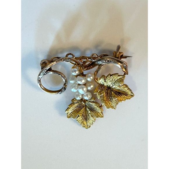 Antique 10k+ Solid Yellow Gold Seed Pearl Grapevine Brooch Chain not included - Picture 1 of 14